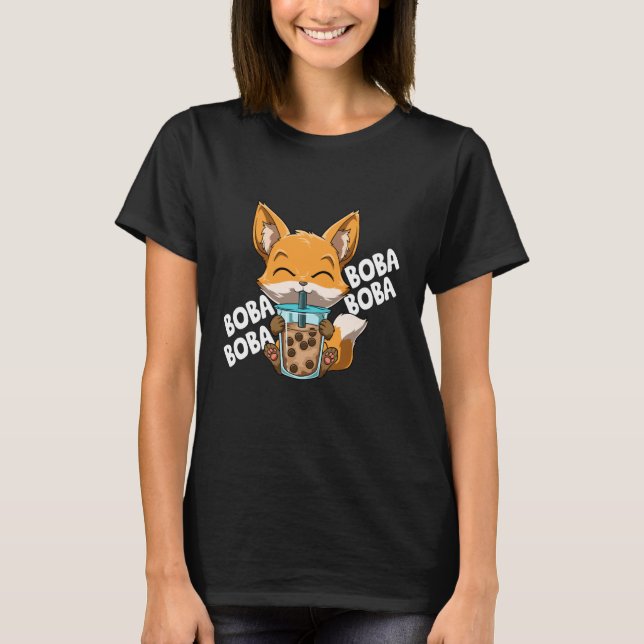 Boba Boba Boba Boba Manga Bubble Tea Fox Anime T-Shirt (Front)