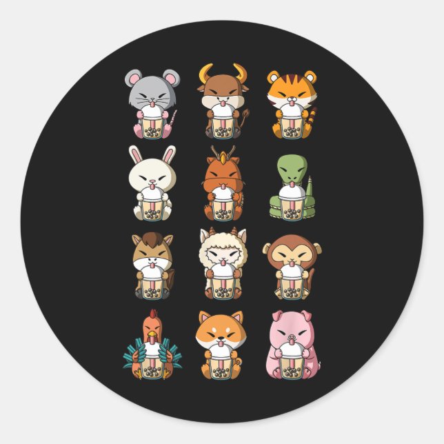 Boba Bubble Milk Tea Chinese Zodiacs Animal Lunar  Classic Round Sticker (Front)