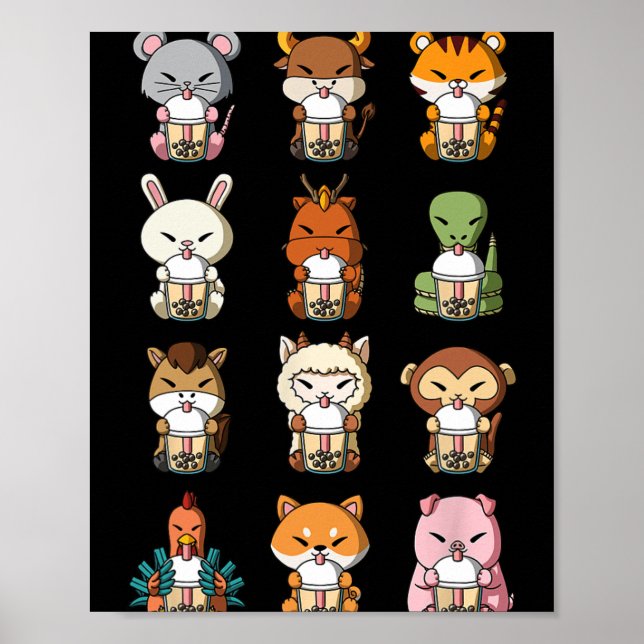 Boba Bubble Milk Tea Chinese Zodiacs Animal Lunar  Poster (Front)