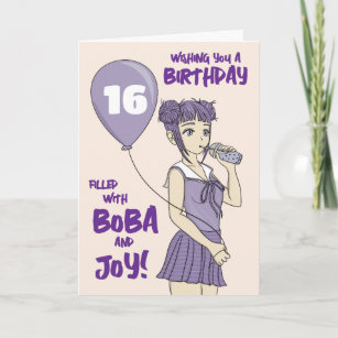 Boba Bubble Tea Anime Girl Birthday Card