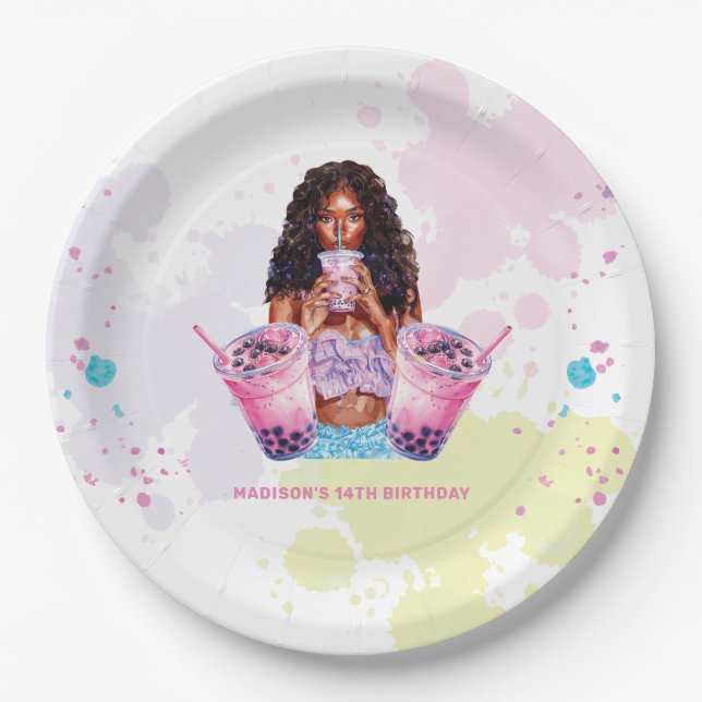 Boba Bubble Tea Birthday African American Paper Plate (Front)