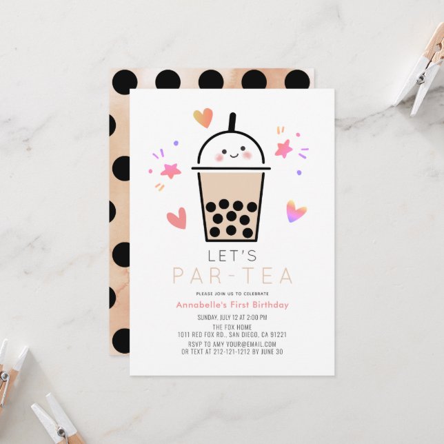 Boba Bubble Tea Party Par-tea 1st Birthday Invitation (Front/Back In Situ)