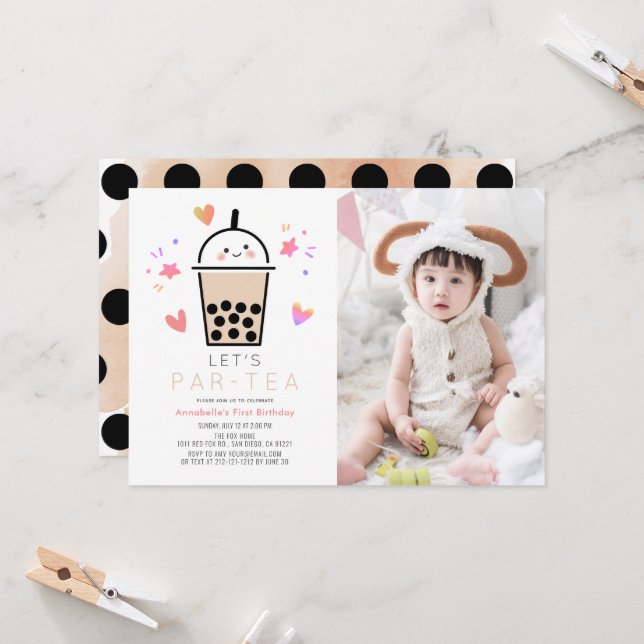Boba Bubble Tea Party Par-tea Photo 1st Birthday Invitation (Front/Back In Situ)