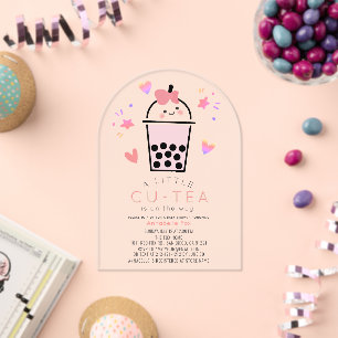 Boba Bubble Tea Pink Bow Girl Baby Shower Acrylic Invitations