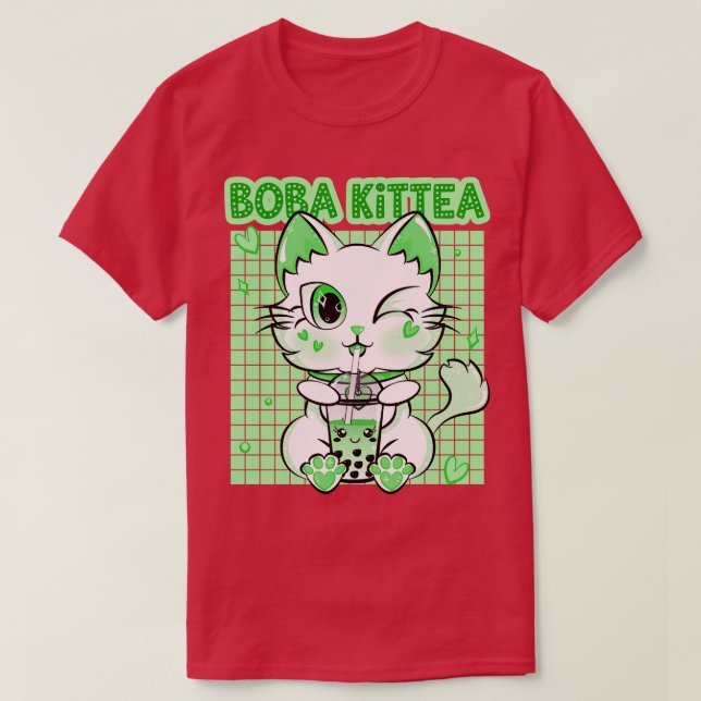 Boba Cat Drinking Boba Kitten Kawaii Japanese Kitt T-Shirt (Design Front)