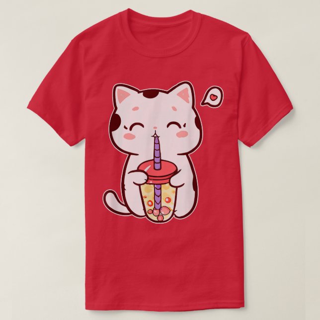 Boba Cat Drinking Bubble Tea Anime Neko Kawaii 238 T-Shirt (Design Front)