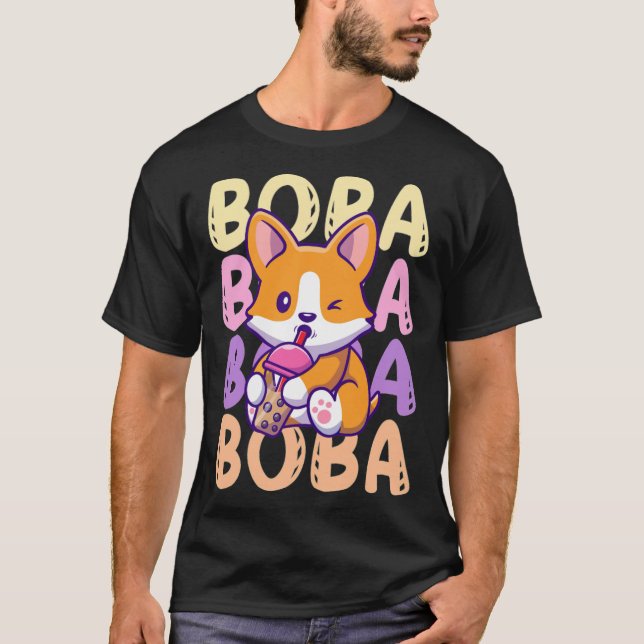 Boba Corgi Dog Drinking Bubble Tea Cream bubble te T-Shirt (Front)