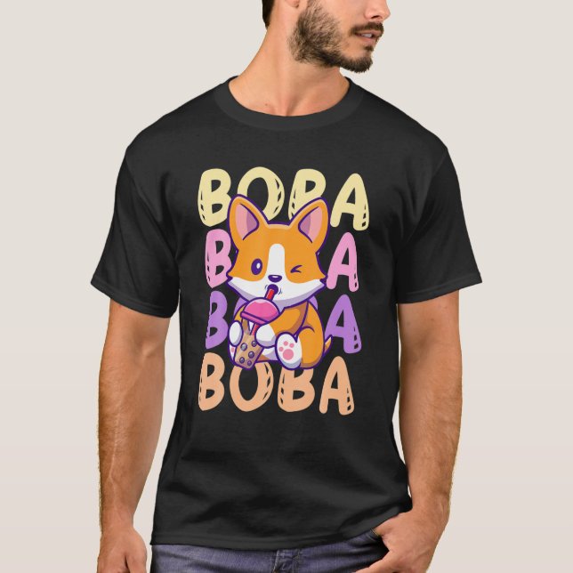 Boba Corgi Dog Drinking Bubble Tea Cream Puff Stra T-Shirt (Front)