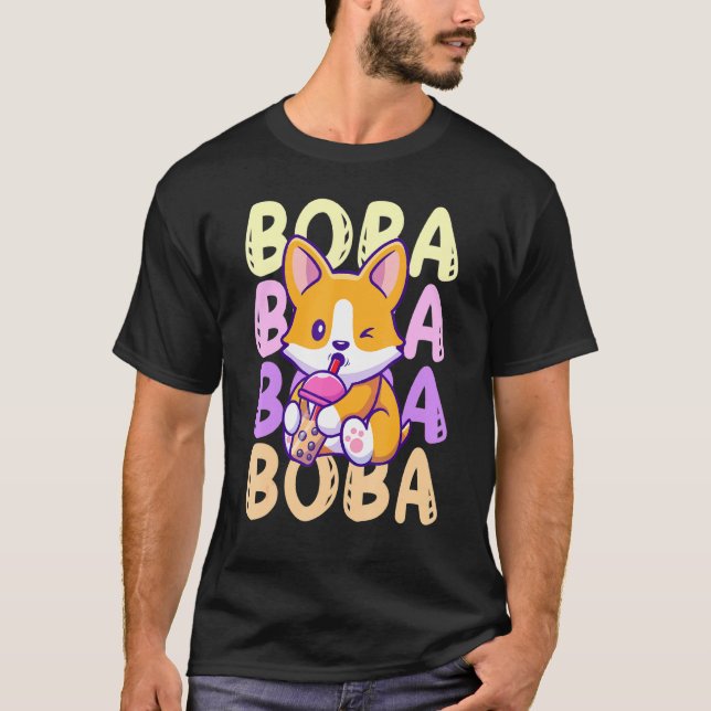 Boba Corgi Dog Drinking Bubble Tea Cream Puff Stra T-Shirt (Front)