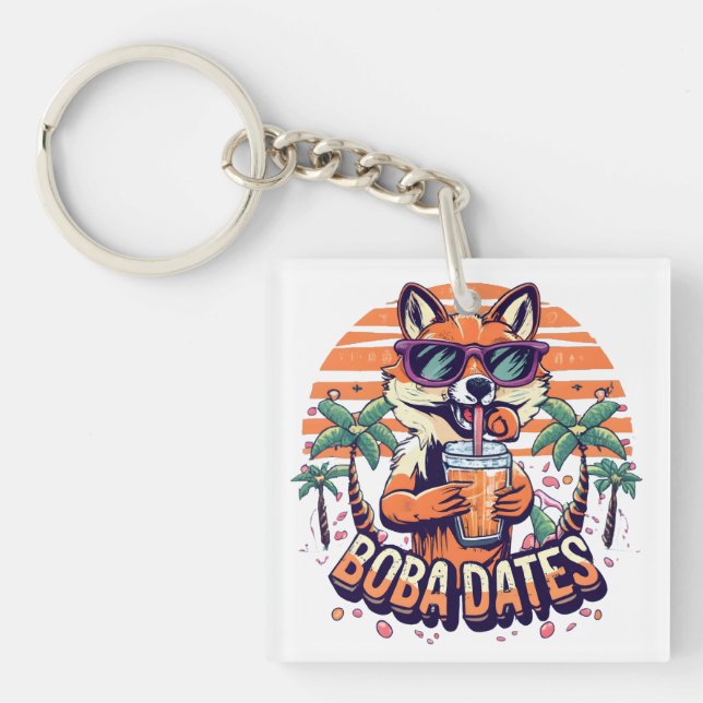 Boba Dates Trendy Cool Fox Drinking Boba Tea Key Ring (Front)