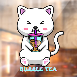 Boba Milk Tea Cute Cat Cartoon Business Window Cling