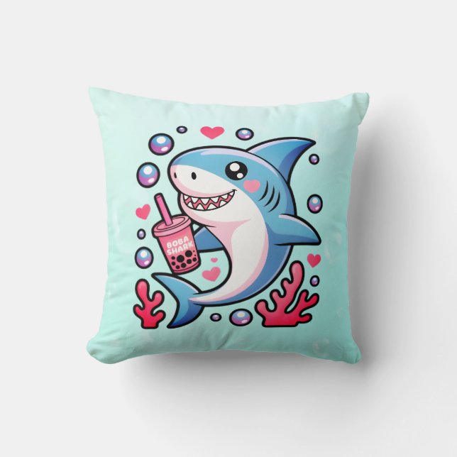 Boba Shark Kawaii Pink and Blue Nursery Decor Cushion (Front)