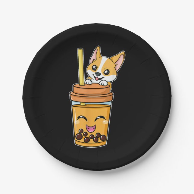 Boba Tapioca Pearls Bubble Milk Tea Drink Corgi Paper Plate (Front)