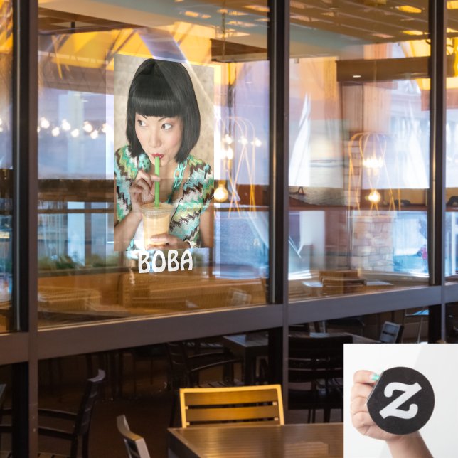 Boba Tea Bubble Drink Woman Advertisement  Window Cling (Restaurant Window)