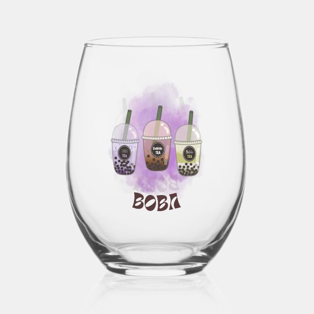 Boba Tea , Bubble milk tea Stemless Wine Glass (Back)