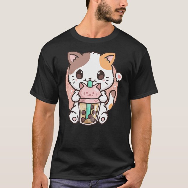 Boba Tea Cat Bubble Tea Cat Kawaii Anime Neko T-Shirt (Front)