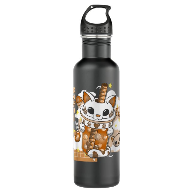 Boba Tea Cute Cat Bubble Tea Kawaii Anime Japanese 710 Ml Water Bottle (Front)