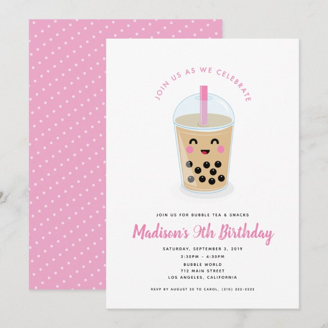 Boba Tea Party Invitation in Pink (Front/Back)
