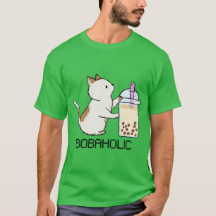 Bobaholic Pixel Kitty Loves Boba Tea T-Shirt