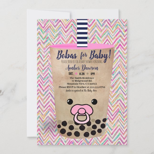 Bobas For Baby Pink Boba Tea Inspired Baby Shower  Invitation (Front)
