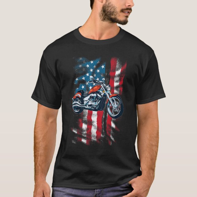 Bobber Motorcycle July 4 Veterial American Flag  R T-Shirt (Front)