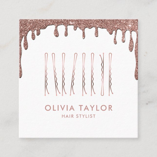 Bobby Pins Hair Stylist Dripping Gold Hairdresser Square Business Card (Front)