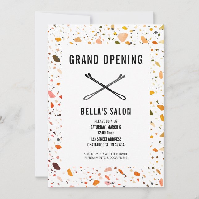 Bobby Pins Terrazzo Salon Opening Invitation (Front)