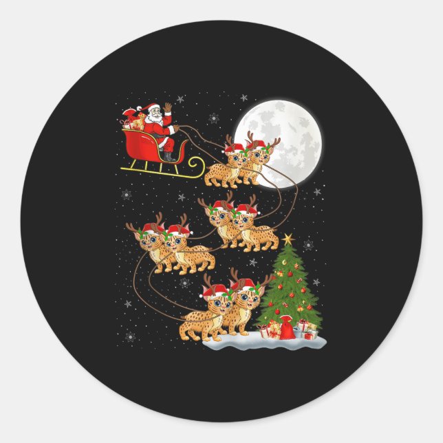 Bobcat Lynx Santa Sleigh Flying Funny Magical Chri Classic Round Sticker (Front)