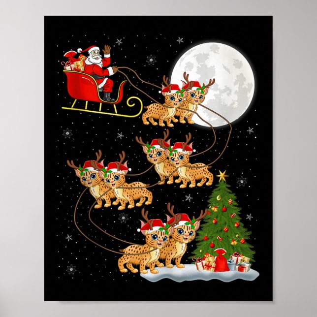Bobcat Lynx Santa Sleigh Flying Funny Magical Chri Poster (Front)