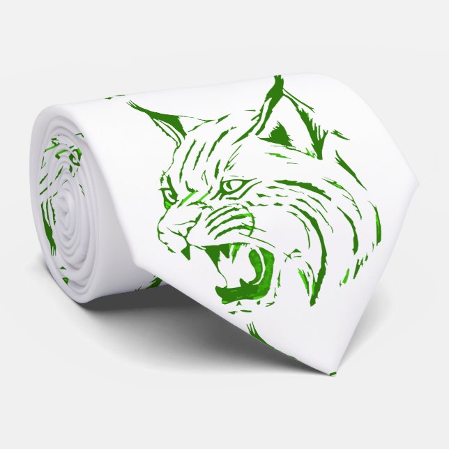 Bobcat Wild Cat Team Mascot Necktie Green/White (Rolled)