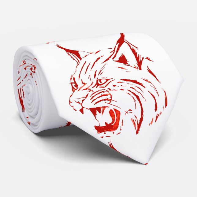 Bobcat Wild Cat Team Mascot Necktie Red/White (Rolled)