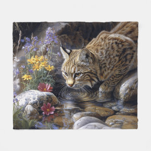Bobcat with Wildflowers Scenic Art Fleece Blanket