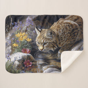 Bobcat with Wildflowers Scenic Art Sherpa Blanket