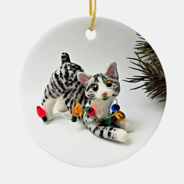 Bobtail Cat Grey Tabby Holiday Ornament (Front)
