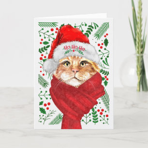 Bobtail Cat in a Santa Hat Meowy Christmas Holiday Card