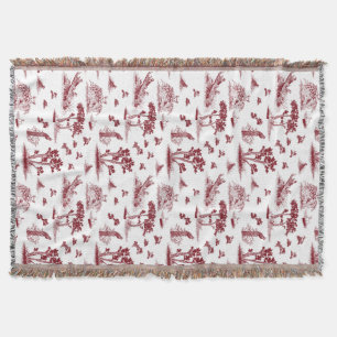 Bobwhite Quail Toile De Jouy Cranberry Throw Blanket