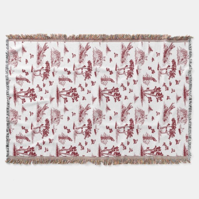 Bobwhite Quail Toile De Jouy Cranberry Throw Blanket (Front)