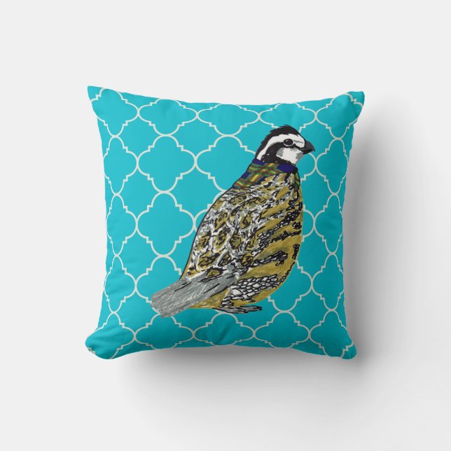 Bobwhite With Teal and Orange Quatrefoils Cushion (Front)
