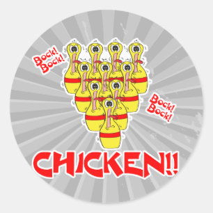 bock bock chicken funny scared bowling pins classic round sticker