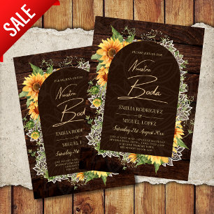 Boda de Girasoles de Madera Rústica Bilingüe