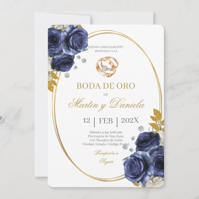 Boda de oro con boho azul invitation (Front)
