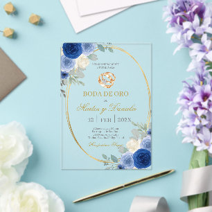 Boda de oro con flor azul acrylic invitations