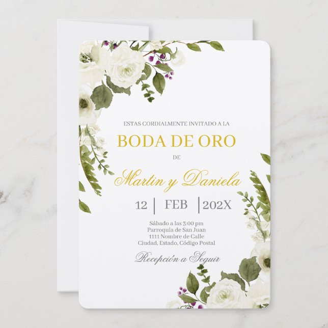 Boda de Oro con Ramo de flor blanca Invitation (Front)
