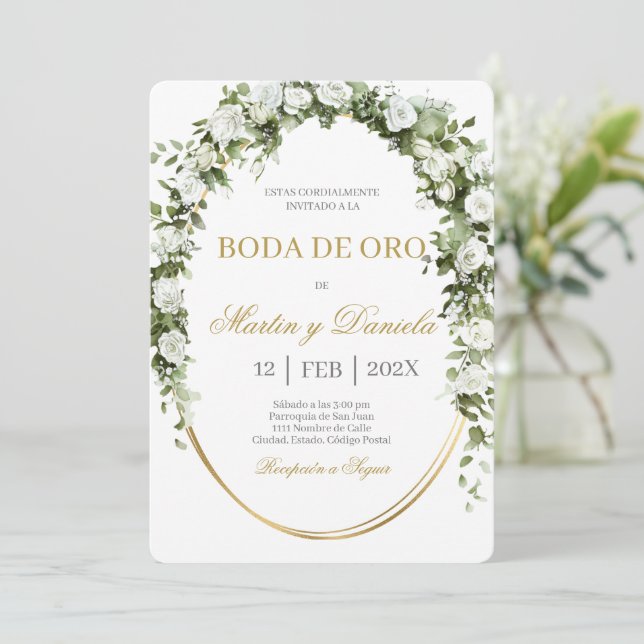 Boda de oro con ramo de flores blancas invitation (Standing Front)