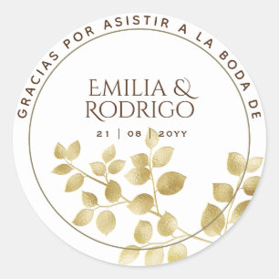 Boda española de hoja de oro gracias recuerdo de b classic round sticker