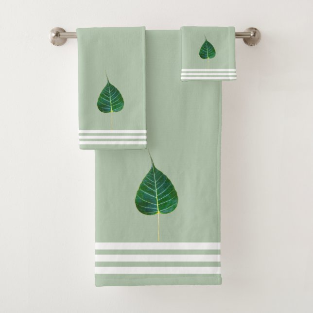 Bodhi Leaf & Three Stripes on Laurel Green Bath Towel Set (Insitu)