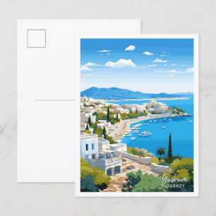 Bodrum Turkey Travel Vintage illustration Postcard