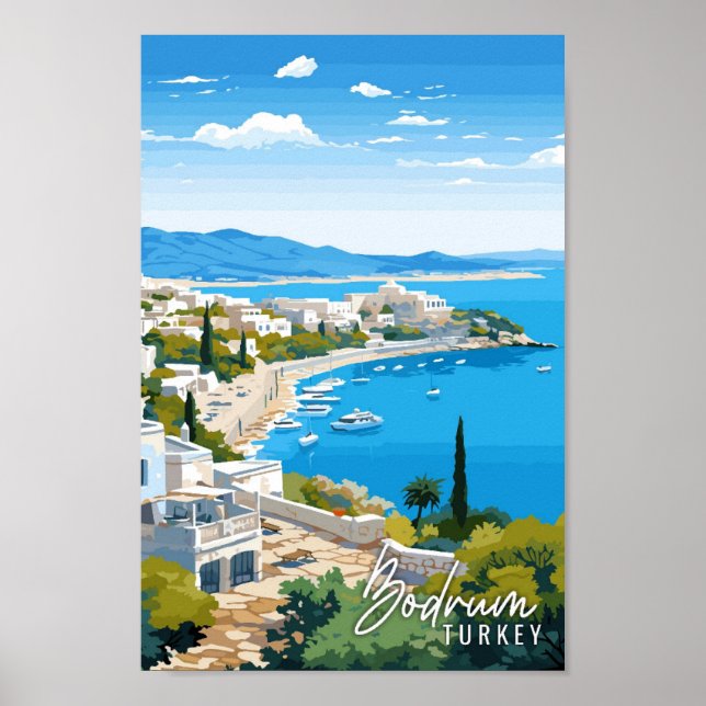 Bodrum Turkey vintage travel illustration Poster (Front)