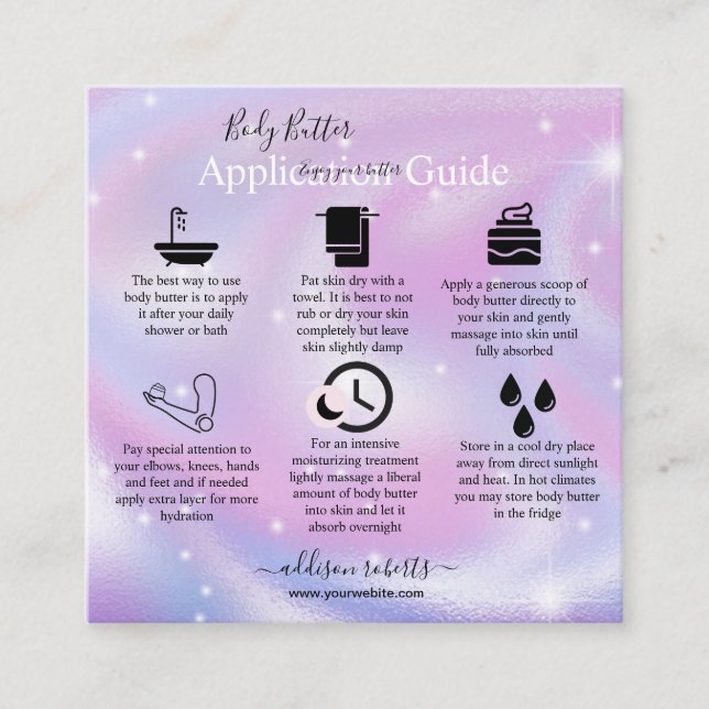 Body Butter Application Guide Modern Glam   Square Business Card (Front)