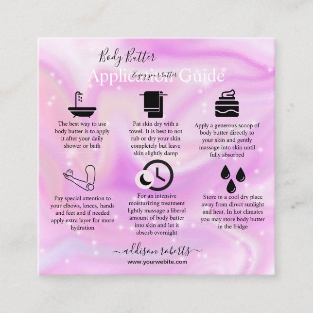Body Butter Application Guide Modern Glam   Square Square Business Card (Front)